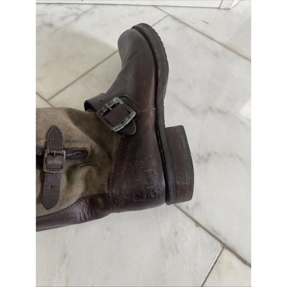 Frye, Women’s 7.5, Dark Brown Chocolate Leather And Canvas Low Buckle Ankle Boot - Picture 8 of 11